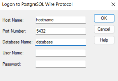 logon to postgresql wire protocol window; host name set to hostname, port number set to 5432, database name set to database, empty user name and password fields