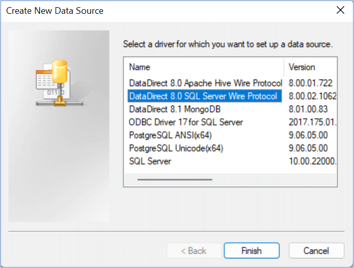 create new data source window; datadirect 8.0 sql server wire protocol selected from a list of drivers