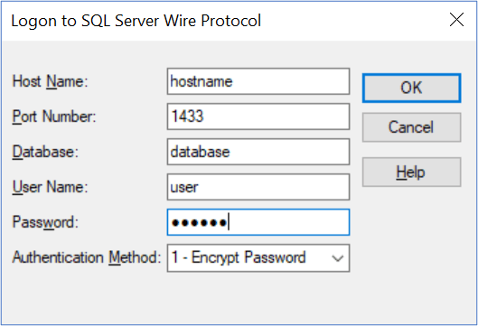 logon to sql server wire protocol window; host name field is set to hostname, port number is 1433, database is database, user name is user, password is filled and focused, authentication method is set to 1 - encrypt password