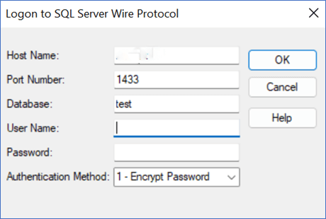 logon to sql server wire protocol window; port number is set to 1433, database is set to test; username is empty and focused