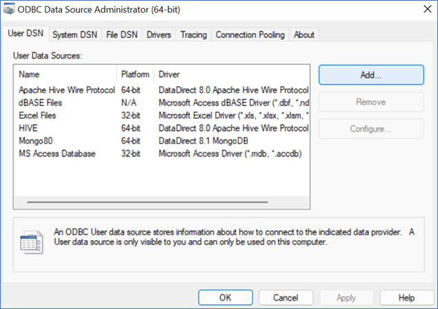 odbc data source administration window with user dsn tab open; a list of user data sources is visible and the add button is focused