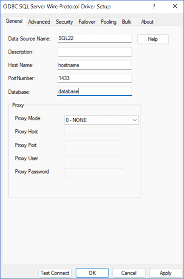 odbc sql server wire protocol driver setup window with general tab open; data source name is set to SQL22, description is empty, host name is set to hostname, portnumber is set to 1433, database is set to database and proxy mode is set to 0 - none