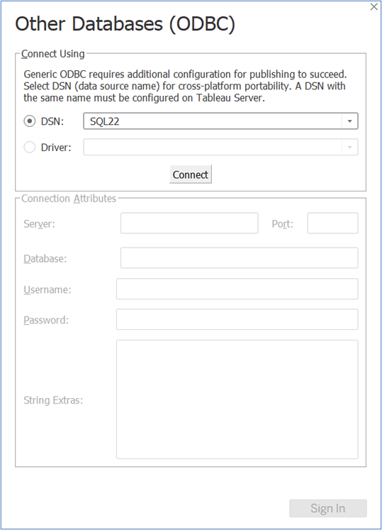 other databases (odbc) window; dsn field is set to SQL22