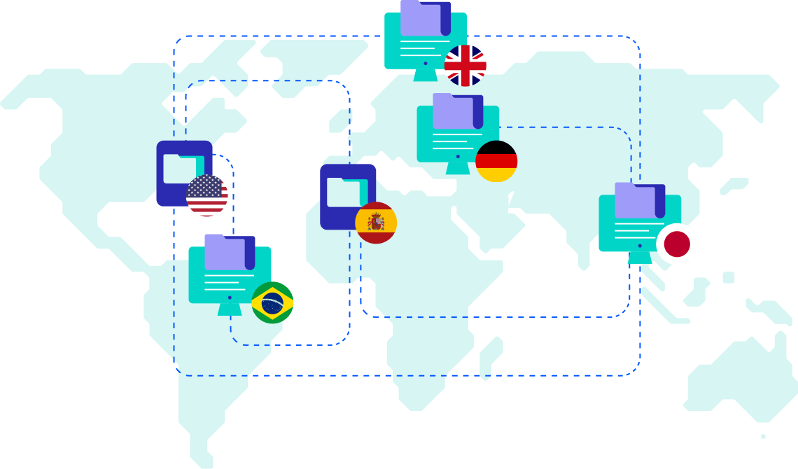 A picture illustrating how you can use MOVEit to share files globally across the enterprise in any language.