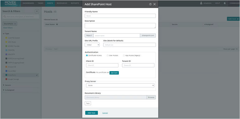 MOVEit Automation 2024.1-SharePoint Certificate Access Authentication