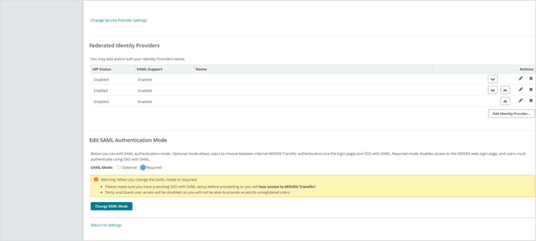 MOVEit Transfer 2024.1 Edit SAML Authentication Mode