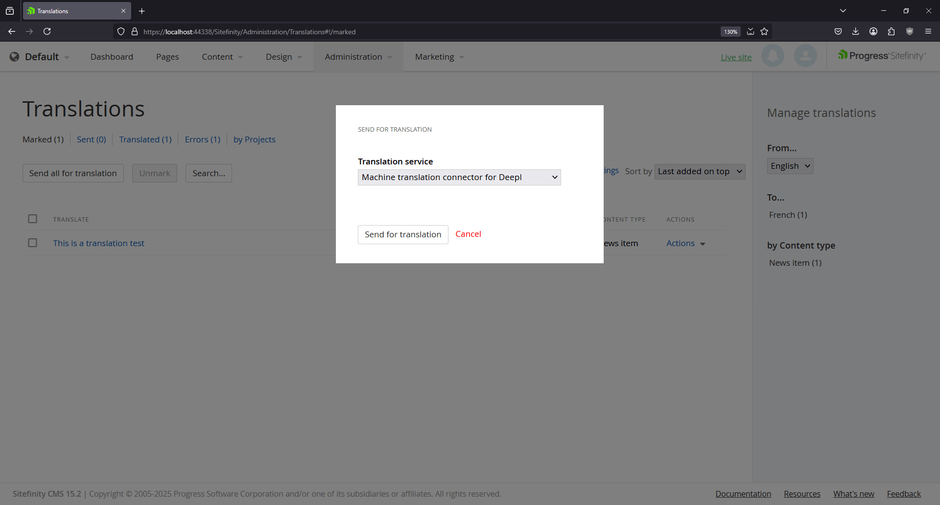 Sitefinity DeepL Machine Translation Connector