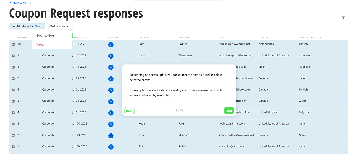 export-form-Coupon Request responses dashboard showing a list of form submissions with selected entries, a bulk actions dropdown menu open with 'Export to Excel' and 'Delete' options, and a tooltip explaining export permissions and data privacy based on user roles.-2