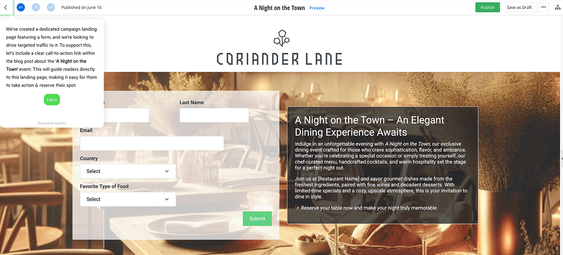 Landing page builder interface showing a preview of a campaign titled 'A Night on the Town' for Coriander Lane, with a form on the left to collect user information and a text overlay on the right promoting an elegant dining event.