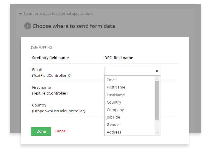 Sitefinity Digital Experience Cloud Form Fields Mapping