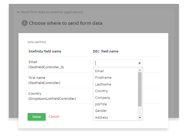 Sitefinity  Digital Experience Cloud Form Fields Mapping