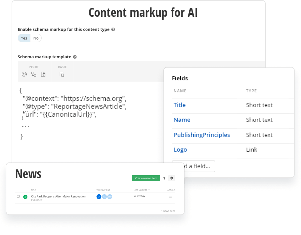Sitefinity CMS automatically generating Schema.org JSON-LD structured data for AI-friendly and search engine optimized content