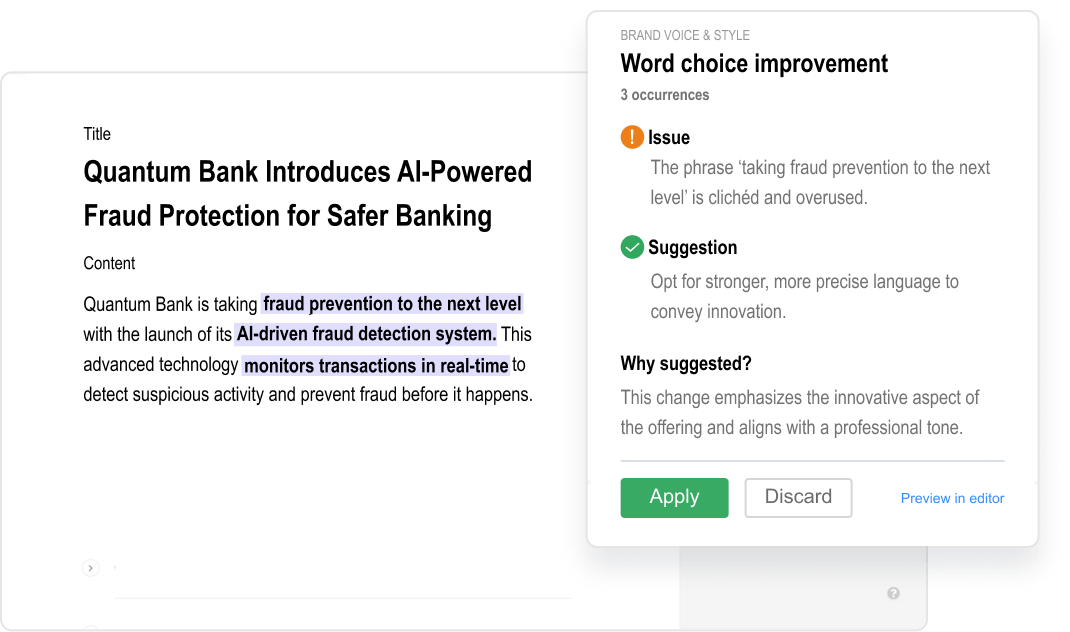 Sitefinity Brand Agent AI assistant suggesting real-time tone and wording improvements in the CMS editor