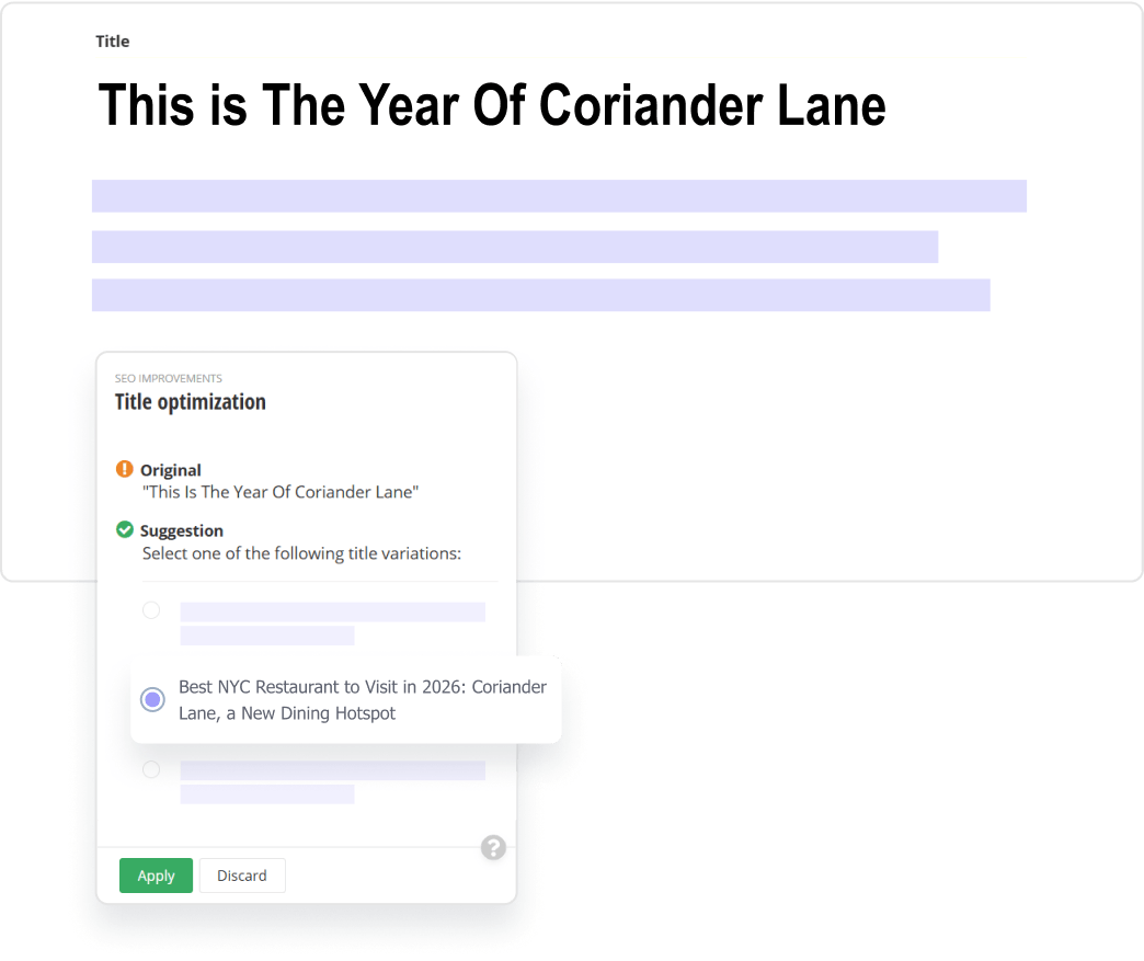 Sitefinity SEO Agent providing metadata recommendations including title, meta description and alt text directly in the content editor