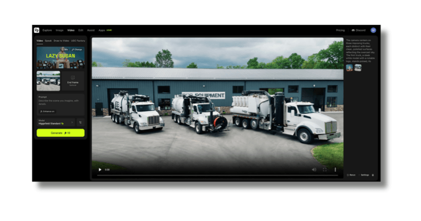 Bringing Static Photos to Life with Higgsfield.ai Three different trucks parked side by side outside of a blue, one-floor building