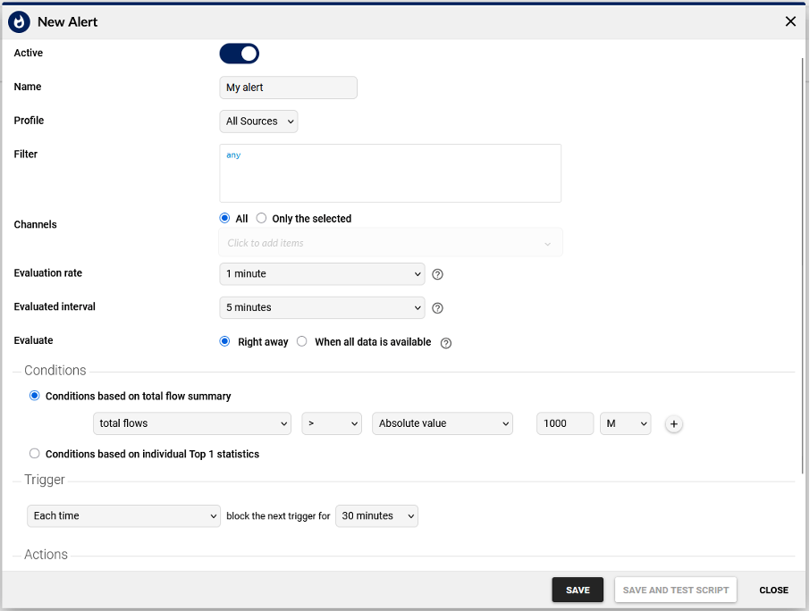 New Alerts Flowmon 13 Window titled New Alert displaying various fields for a user to fill out information to set up new alerts