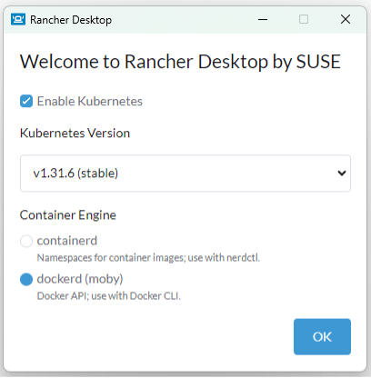 Launch Rancher Desktop and select dockerd
