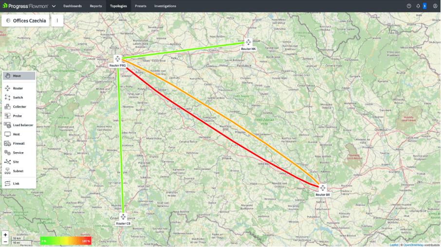 Redesigned Topology Editor Map displaying various offices that are using Progress Flowmon