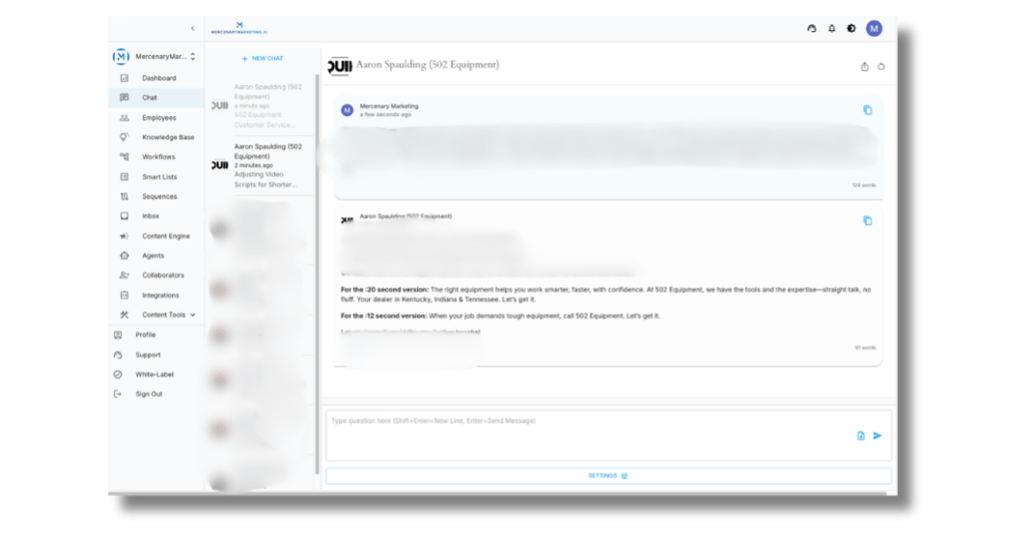 Script Generation with My AI Employees Window displaying a conversation between a live person and an AI chatbot