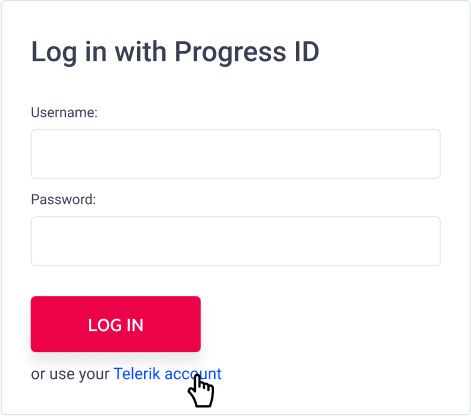 Login screen showing fields for username and password with options to sign in using a Progress ID or Telerik account.