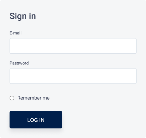 Sign-in page with fields for email and password, including a Remember me checkbox and a dark blue Log in button.