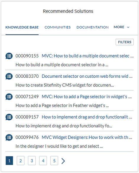 Knowledge base tab showing recommended solutions for Sitefinity topics, including document selectors, page selectors and MVC widget designers, with pagination and filter options.