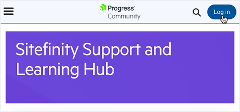 Progress Community webpage showing the Sitefinity Support and Learning Hub banner with a Log in button highlighted.