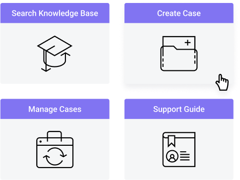 SupportLink dashboard showing icons for Search Knowledge Base, Manage Cases, Support Guide and Create Case, with the Create Case option highlighted by a cursor.
