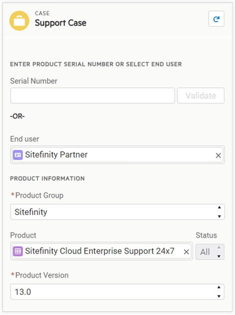Support case form showing fields for product serial number, end user, product group, product name and version for Sitefinity Cloud Enterprise Support.