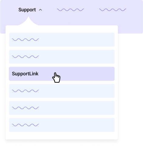 Support navigation menu expanded with the SupportLink option highlighted and selected by a cursor.